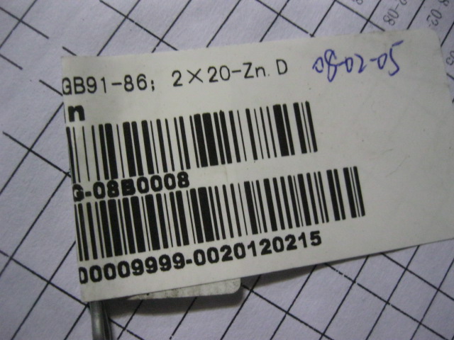 08B0008	2X20GB91-86	Split pin; GB91-86; 2×20-Zn.D; Q235